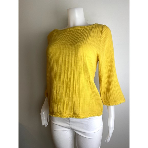 F. Eileen Fisher Organic Cotton Top L Yellow Blouse 3/4 Sleeve NWT $168 - Picture 4 of 11